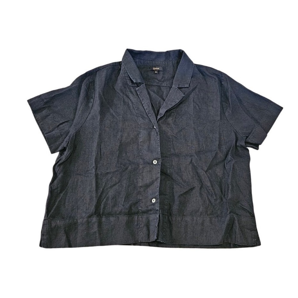 Quince Women XL Black 100% European Linen Short Sleeve Button Down Shirt Top